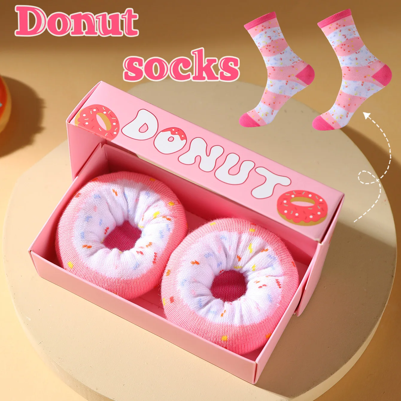 1 pair of unisex mid-calf socks in a novel and fun pink donut gift box, creative socks with a fashionable and trendy style, comfortable and breathable, suitable for parties, casual wear, Valentine's Day, Halloween, birthdays, Christmas, New Year, Thanksgiving, autumn and winter, all-season styles, creative gift box