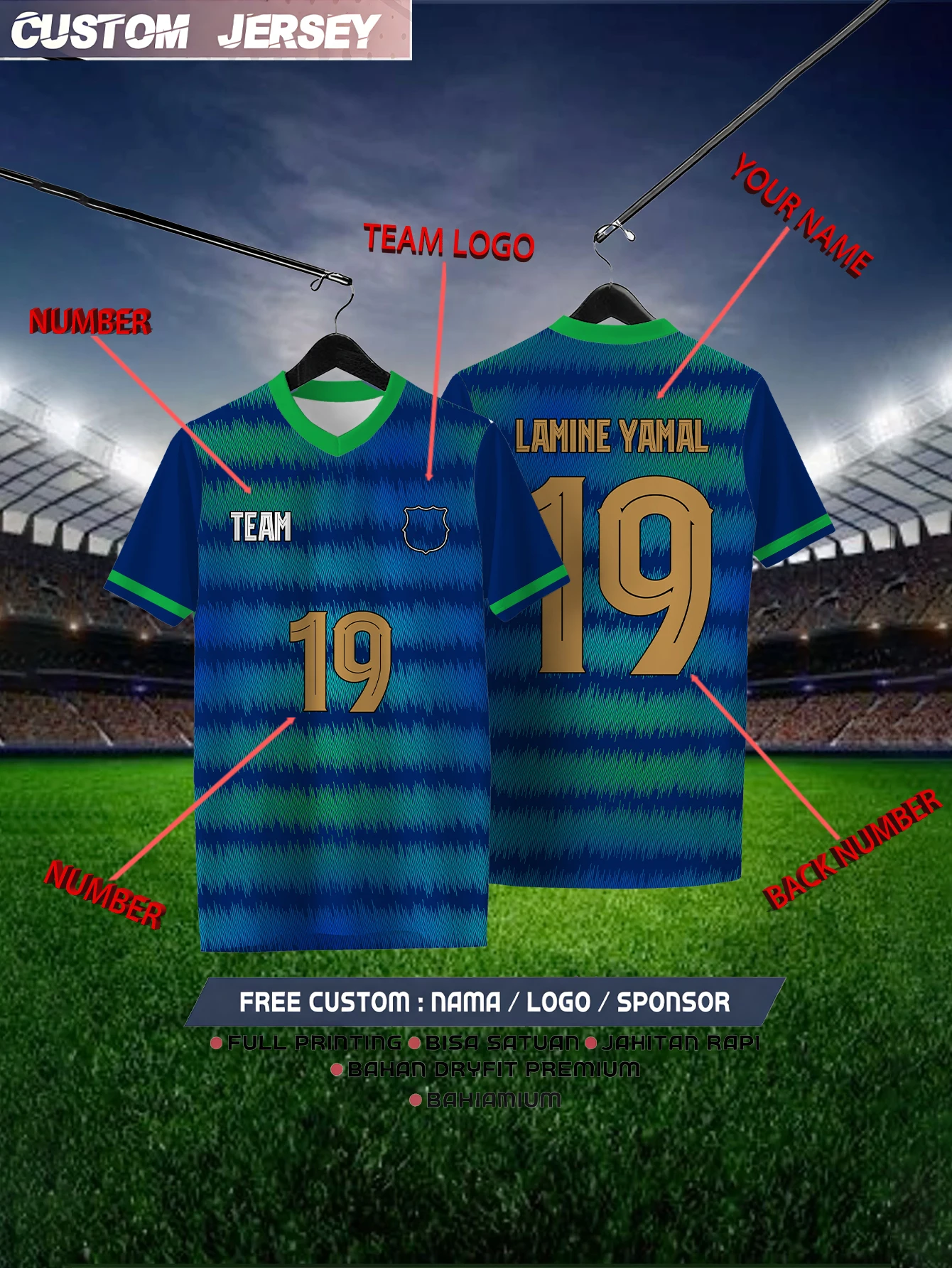 

Customized Geometric Blue Short Sleeved Shirt with Team Name, Emblem, Name and Number, Outdoor Sports Short Sleeved T-shirt