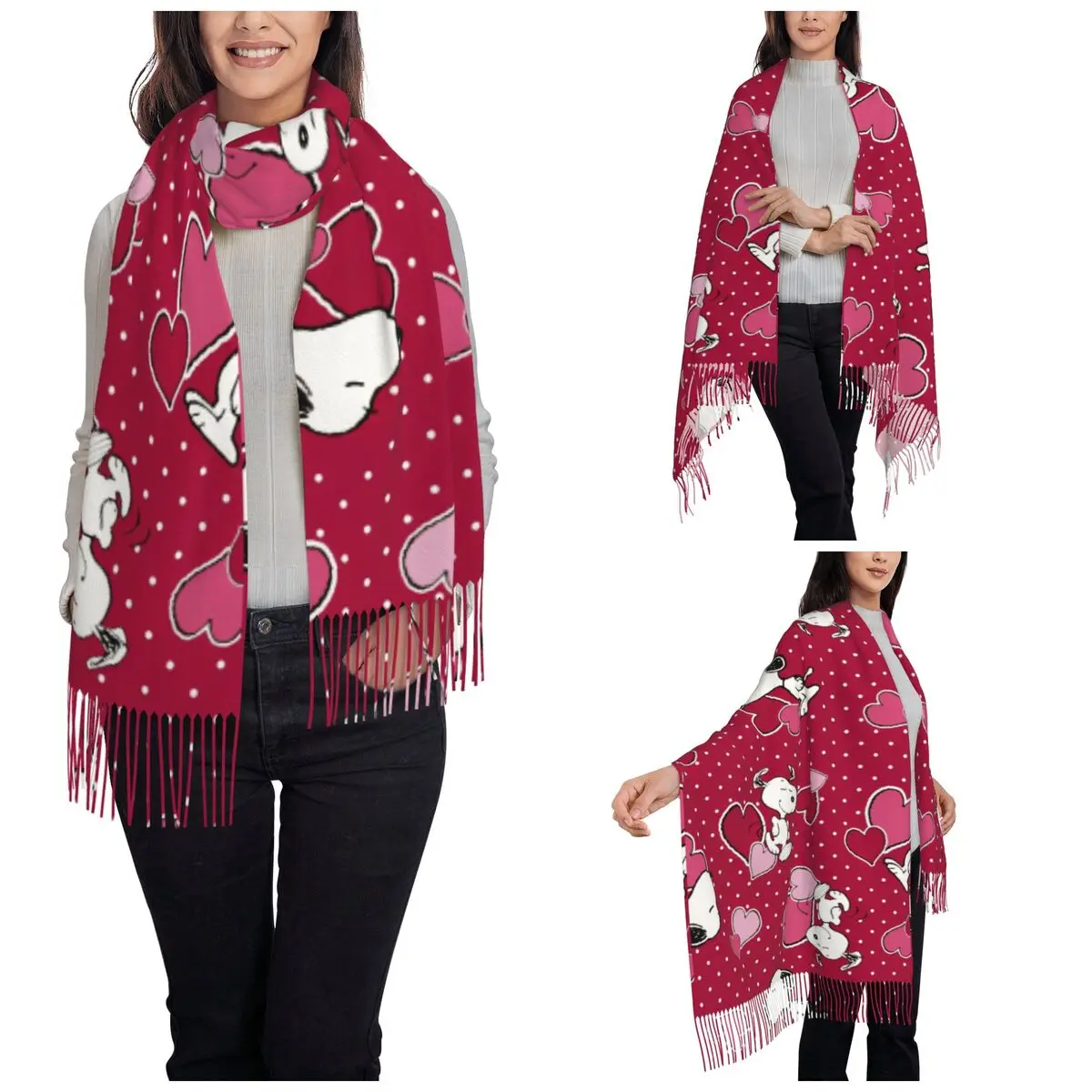 Womens Scarf with Tassel Snoopys Heart Love Large Winter Warm Shawl Wrap Cartoon Daily Wear Pashmina Scarves