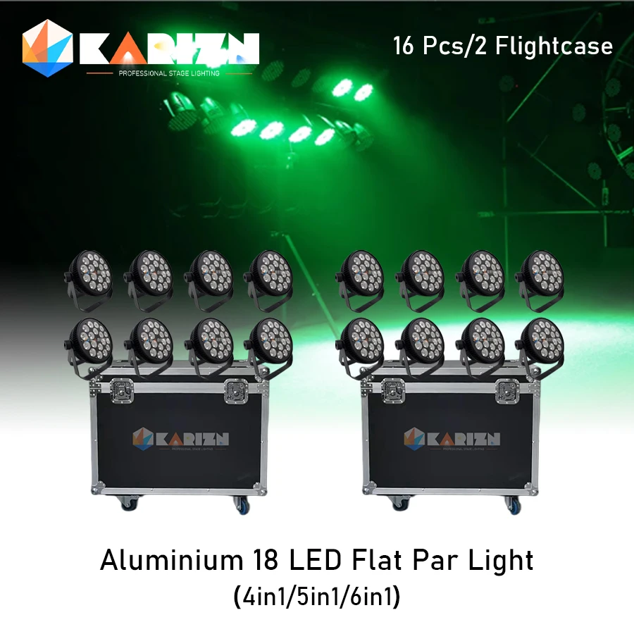 No Tax 16Pcs Aluminum Alloy Flat Par LED DMX 512 18x12W/18x18W RGBWA UV Lights Wireless With 2Pcs Flycases For DJ Disco Party