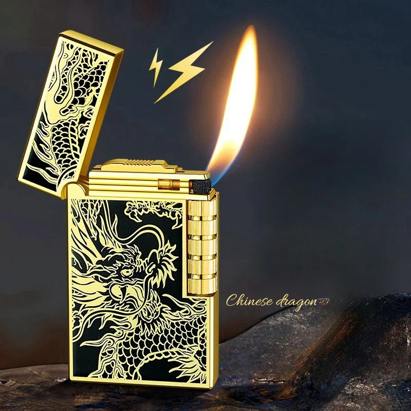 New Metal Steel Sound Dragon Oblique Fire Inflatable Lighter Side Pulley Ignition Butane Gas Pipe Lighter Men'S Smoking Gifts
