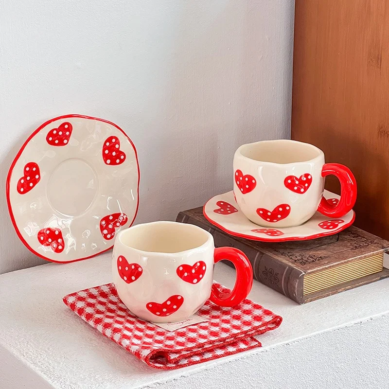 340ML Hand Pinched Irregular Ceramic Mug Red Love heart pattern Coffee Cup with Saucer Set Afternoon Tea Cup holiday gifts