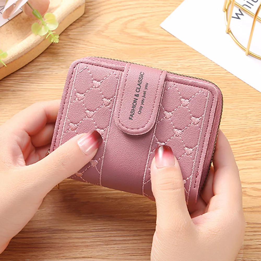 Embroidered Love Heart Wallet Fashion Ladies Multifunction ID Holder Card Holders Wallet ID Holder Zipper Snap Short Wallet