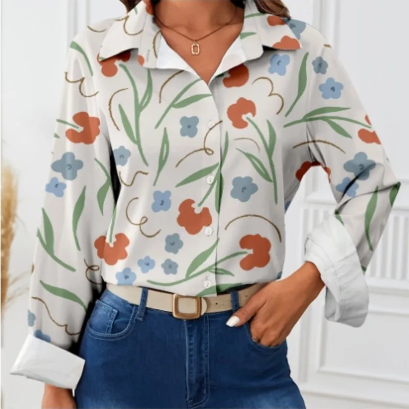 New Elegant Women's Long Sleeve Shirt with Personalized Printed Patterns and Collar Button Comfortable Casual Style for Women