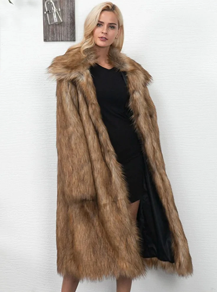 Damen-Revers-Kunstpelzjacke – langer, lockerer Wintermantel mit Taschen, lässige Luxus-Oberbekleidung für Streetstyle und den täglichen Weg zur Arbeit