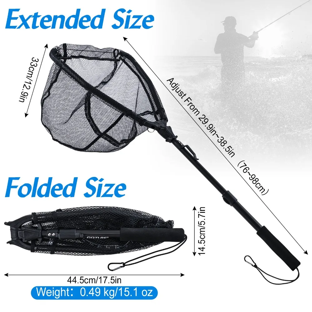 Goture Telescopic Folding Fishing Landing Net 98CM Pole Aluminum EVA Handle with Elastic Strap Carabiner Fishing Nets Tools