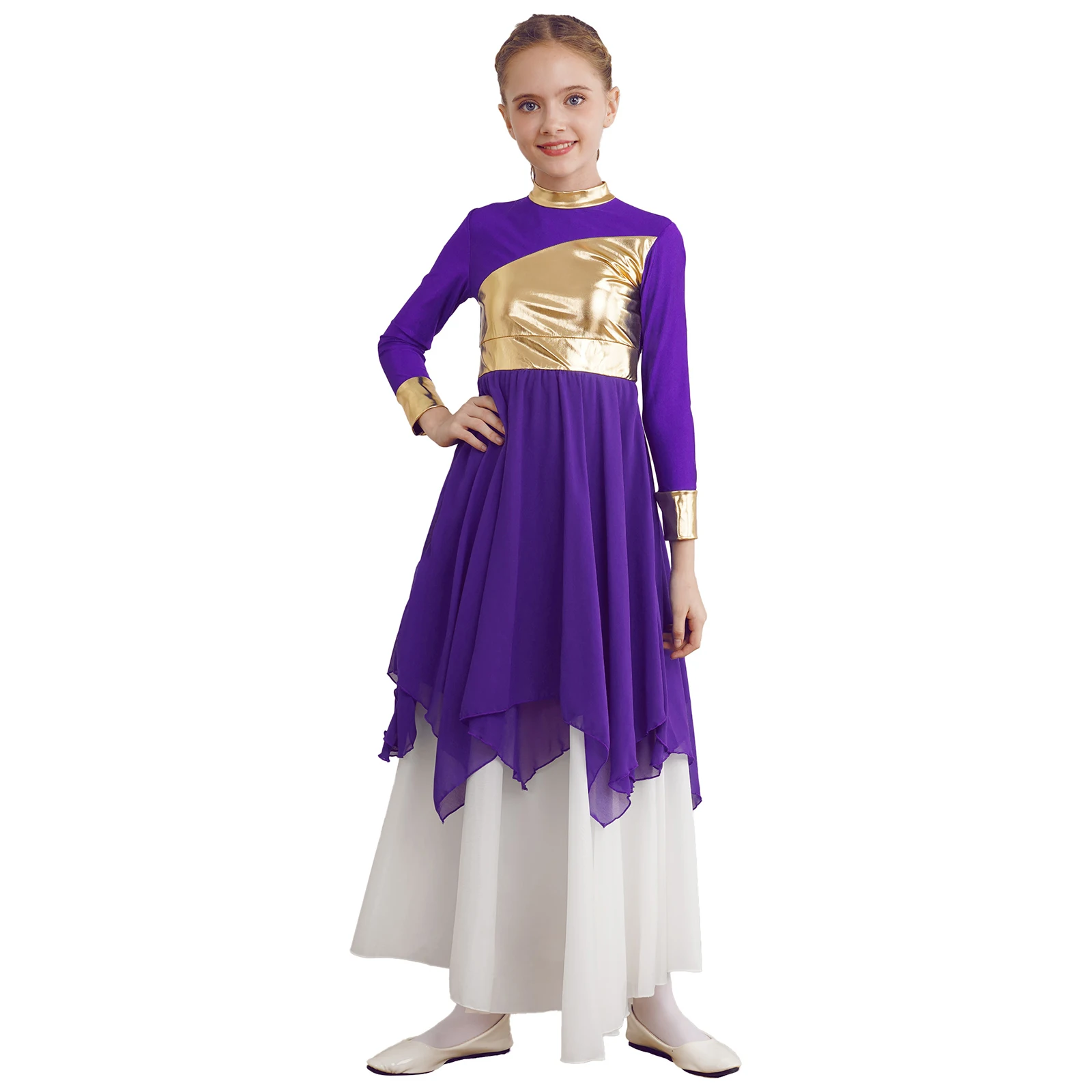 Kids Girls Lyrical Ballet Dance Dress Long Sleeve Bronzing Cloth Patchwork Church Praise Dresses Contemporary Modern Dancewear