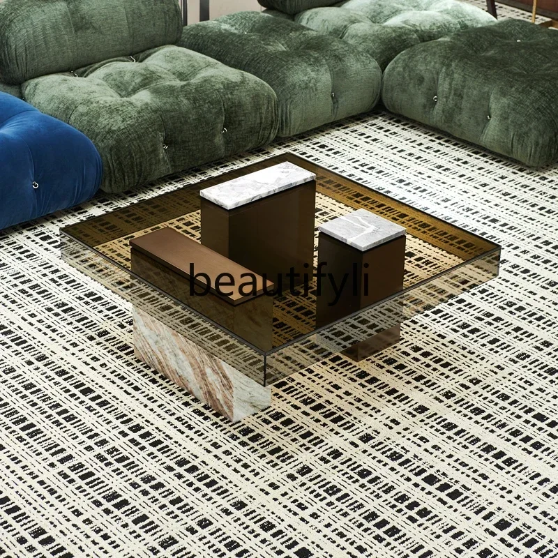 

Italian light luxury coffee table living room 2023 new modern tempered glass simple design metal champagne gold