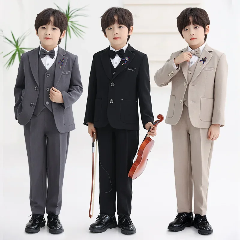 

New Boys Formal Dress Suit Sets Children Event Host Birthday Wedding Photography Costumes Kids Blazer Vest Pants Bowtie Outfits