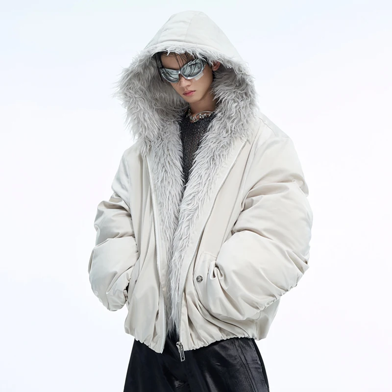 LUZHEN Winter Hooded Cotton Coat Casual Solid Color Faux Fur Patchwork Design Personalized Warm Short Baseball Jacket Men LZ7041