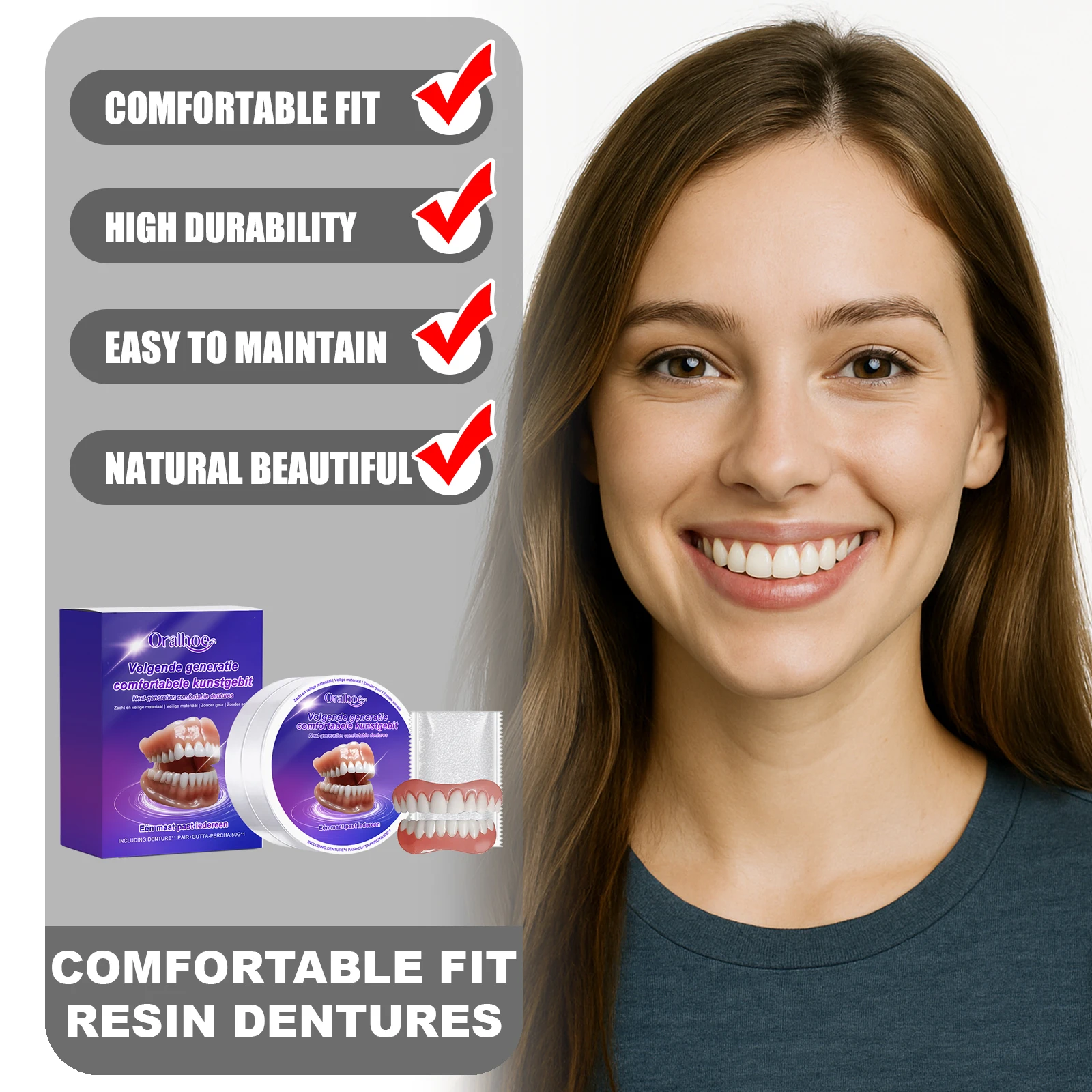 

ORALHOE Comfortable Fit Resin Dentures Sets High Durability Easy to Maintain & Clean Natural Beautiful No Foreign Body Sensation