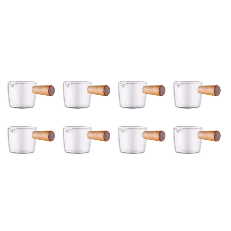 

8PCS Transparent Glass Creamer With Wooden Handle, Mini Coffee Milk Creamer Pitcher. 100Ml