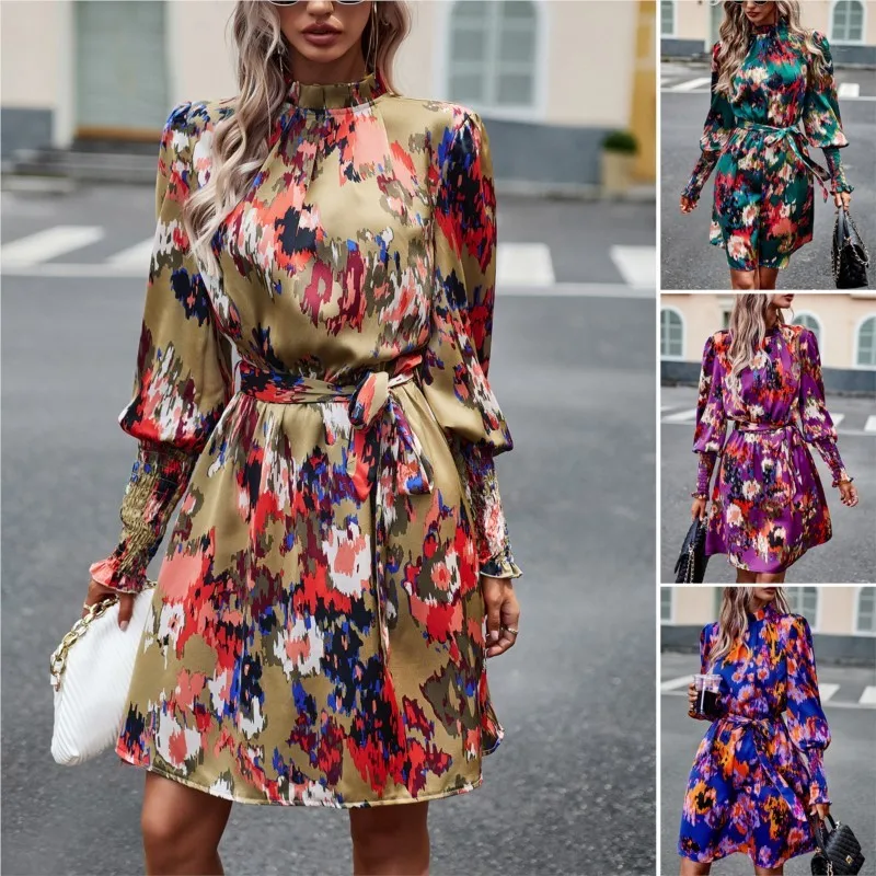 

Elegant Dresses for Women Stylish Printed Mini Dress Half Turtleneck Waist Tie Women's Dress Spring and Autumn Women's Clothing