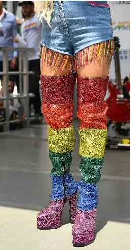 Red Orange Yellow Green Blue Purple Patchwork Bling Crystal Rhinestone Rainbow Platform Block Heel Over The Knee Long Boots Shoe