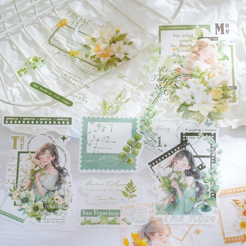 

Journal GO 12pcs Collage Sticker Reverse Spring Song Kawaii Character Border Flower DIY Journal Scrapbooking Creative Material