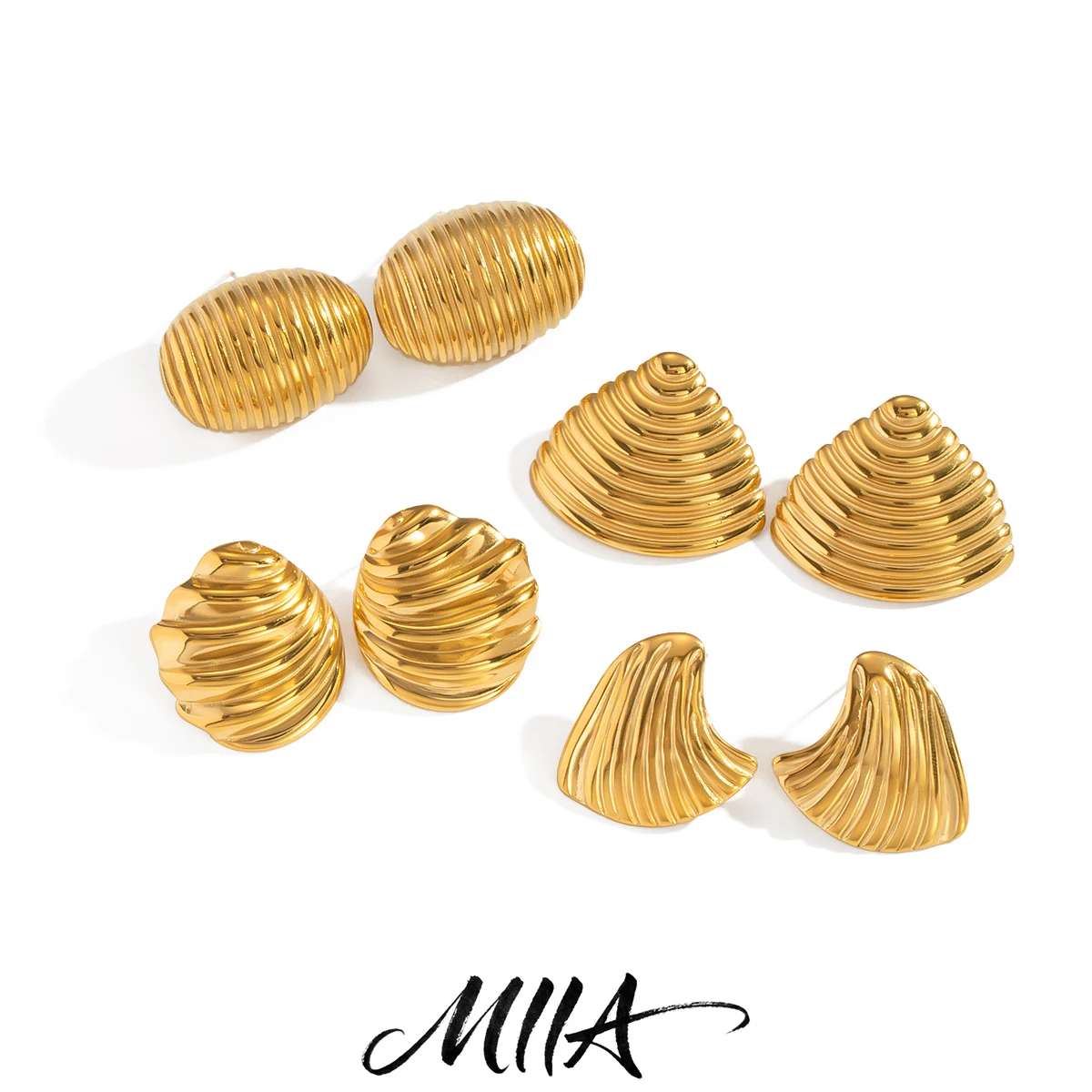 Miia Jewelry 18K Gold Textured Shell Stud Earrings Stainless Steel 3D Ridged Seashell Statement Earrings For Women