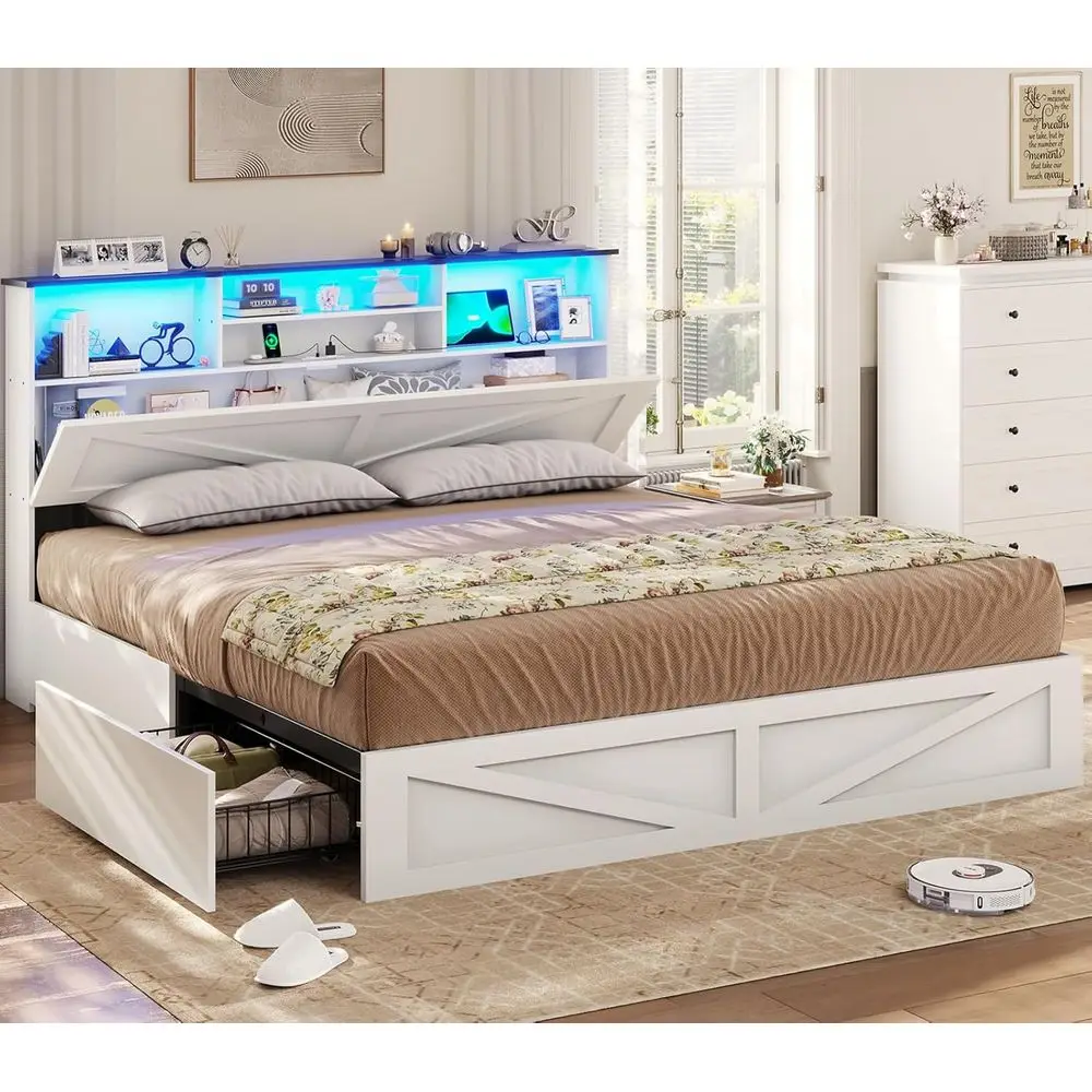 

King Size Wooden Bed with Bookcase, Charging Station, LED Lights, 4 Drawers, Barn Door, No Box Spring, Silent White