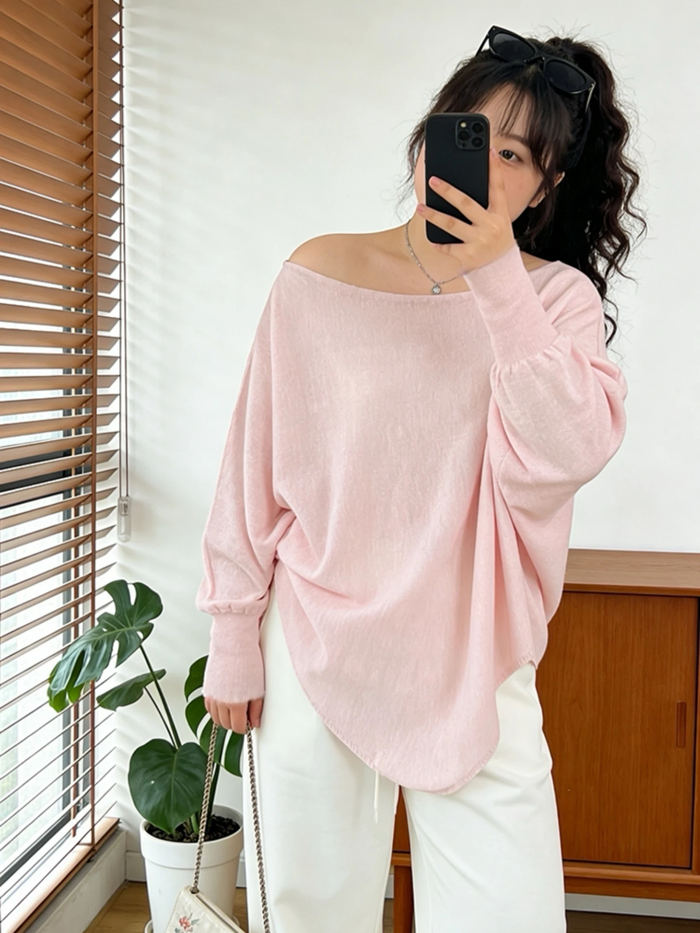 Slimming Large Size Knitted Base Shirt Shoulder Bared Long Sleeve Asymmetrical Loose Cover Belly Top for Women Commute Style