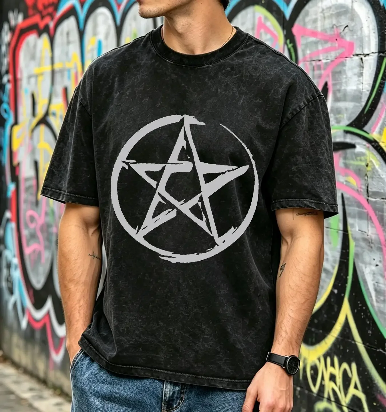 washed T Shirt Pentacle Pentagram Wicca Wiccan Pagan Mens Halloween vintage Washed Unisex Slightly Soft graphic Comfortable