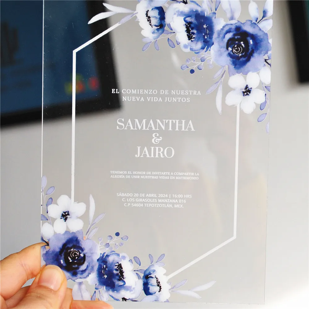 Transparent PVC Wedding Invitation Card with Royal Blue Flower, Personalized Printed, Customized, 0.5mm Thickness, 10Pcs view 2