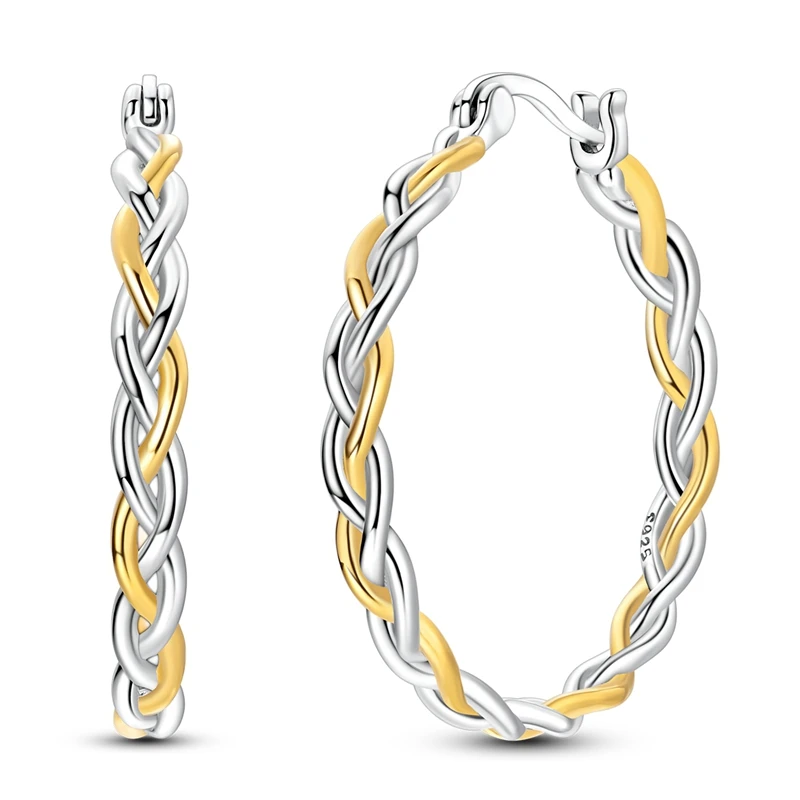 

925 Sterling Silver Golden Earrings Women Sparkling Two-tone Braided Hoop Earring For Anniversary Wedding Jewelry Gifts