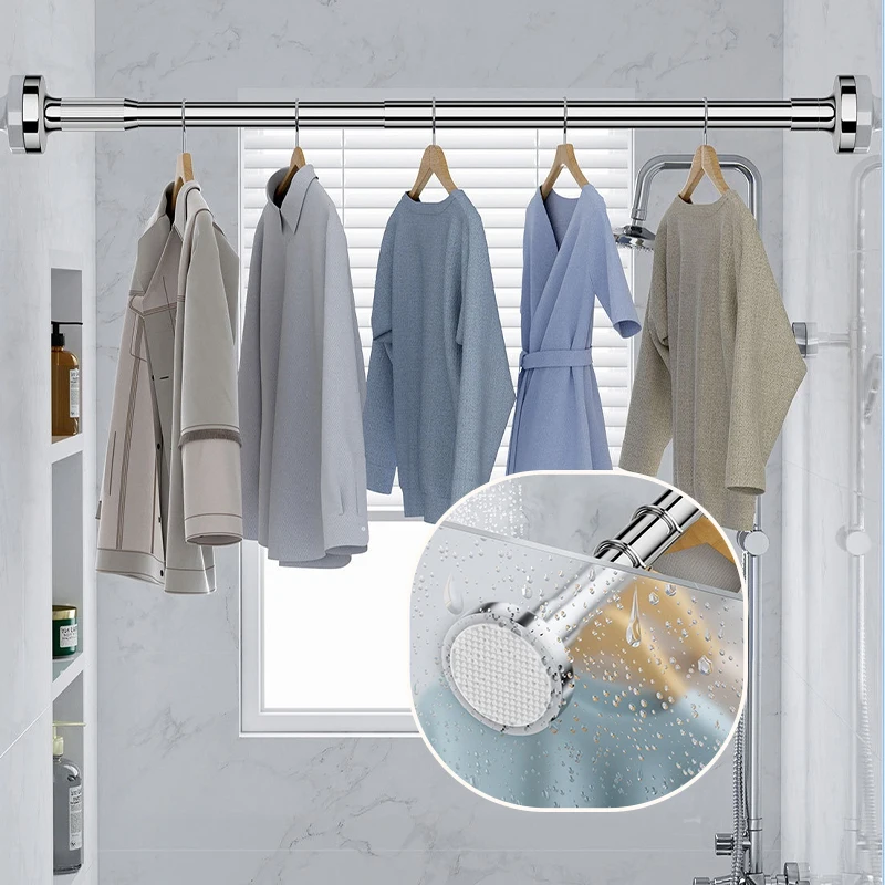 Household Bathroom Hanging Rod Extendable Non Punching Multifunctional Stainless Steel Tension Shower Curtain Rod