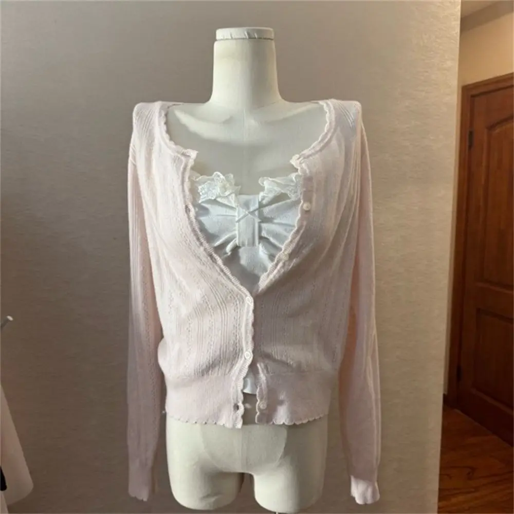 French Style Sweet Lace Trimmed Camisole + Pink Long-sleeve Knit Cardigan + High Waist Tulle Midi Skirt Set Elegant Clothes 2026 view 5