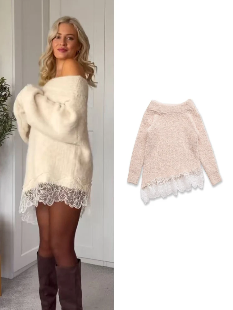 

TFMLN вязаный свитер для женщин, Новое поступление 2026, шикарные кружевные лоскутные свитера, пуловеры, уличный стиль, повседневные модные женские топы