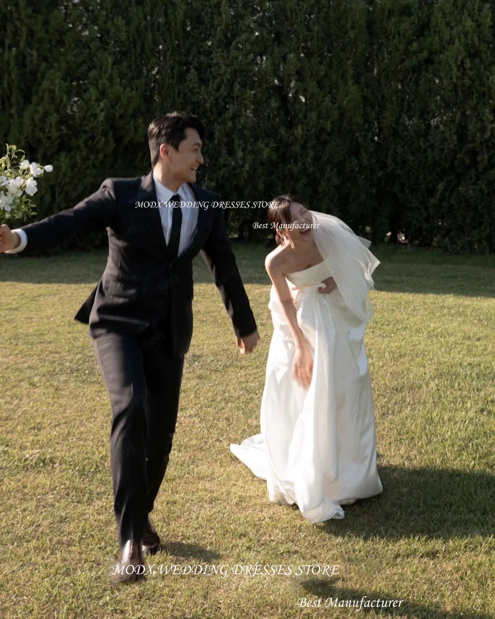 Vestido de novia MODX 2025, sesión de fotos, vestido de novia de satén sin tirantes, largo hasta el suelo, corsé trasero sin mangas, velo hecho a medida gratis