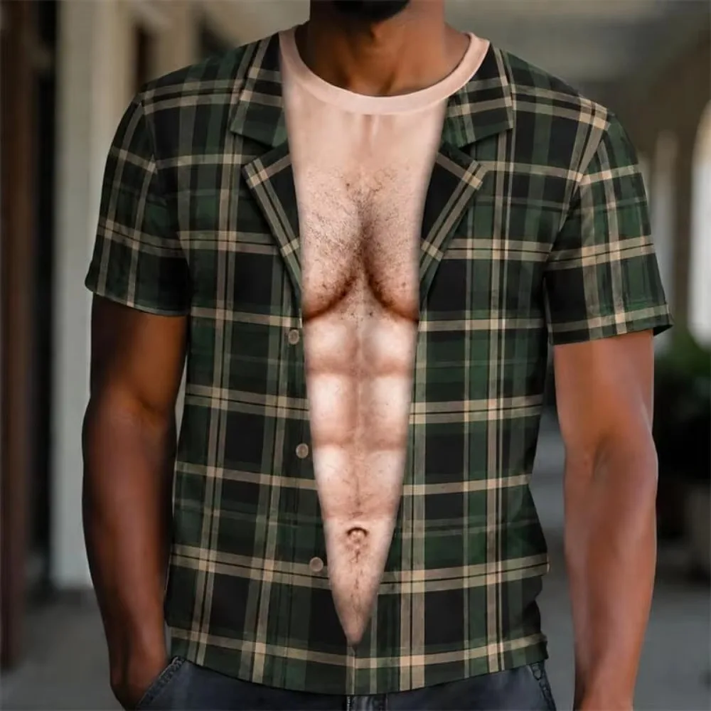 Creative Simulation Cardigan Tie Fake Abs 3D Printed Men T-shirt Breathable Leisure Quick-drying Outdoors Street Sports Clothing
