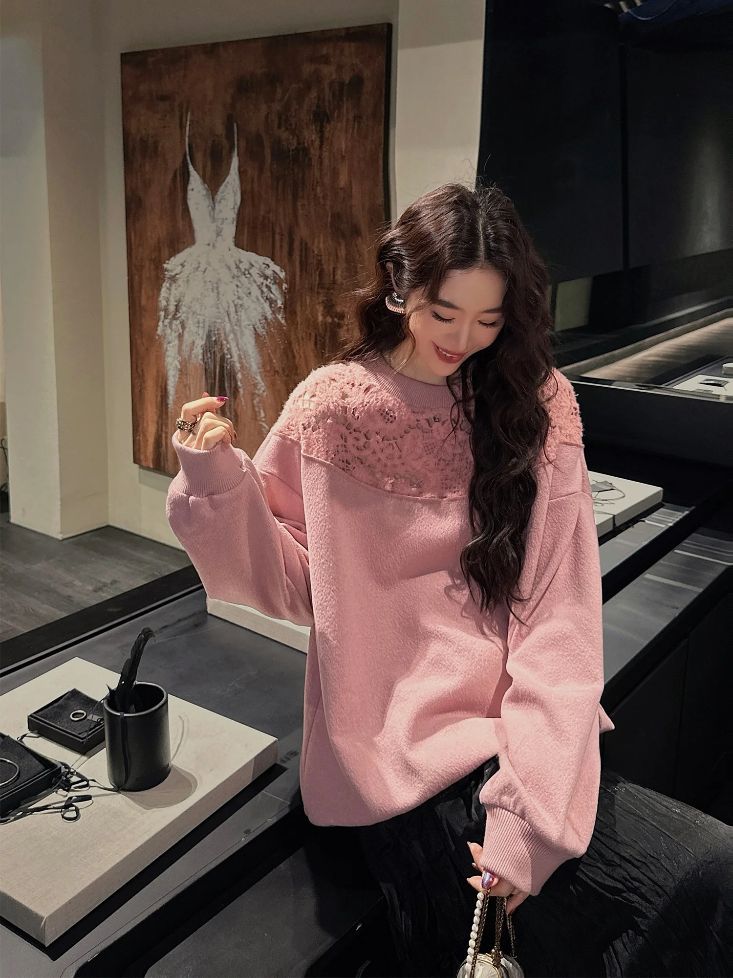 

Sanji Bla Flower Women's Sweatirt 2026 New Woolen Tassel Lace Embroidery Unique Deconstruction Long Sve Casual Sle