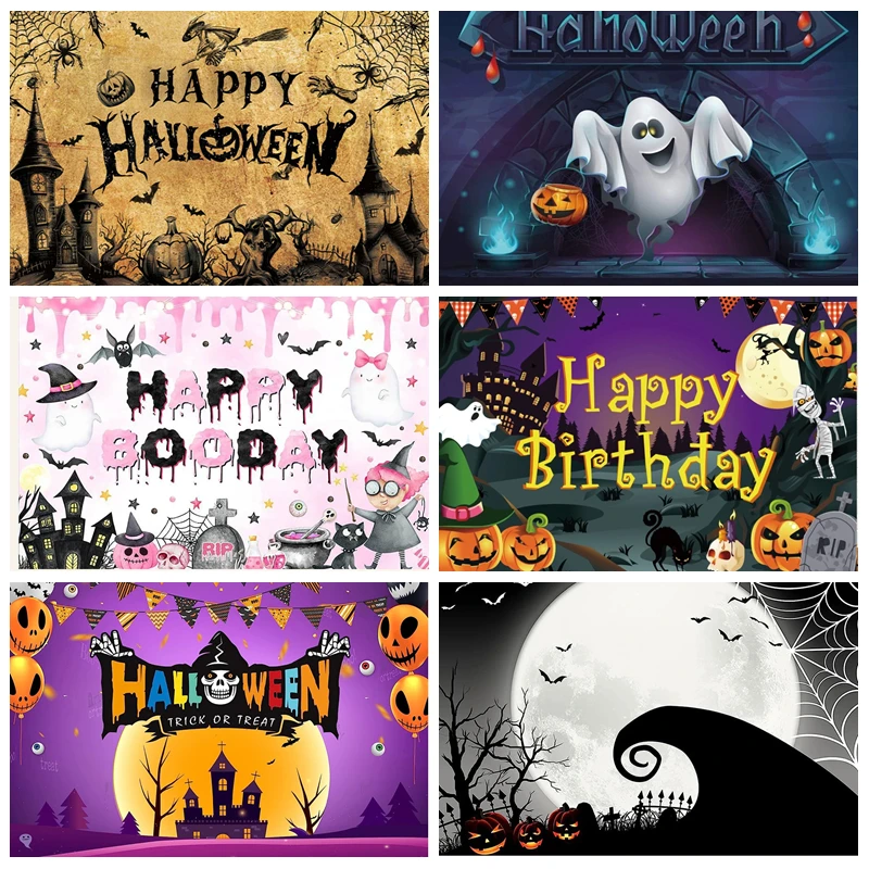 

Halloween Photography Backdground SpiderWeb Pumpkin Moon Trick or Treat Kids Happy Halloween Party Decoration Backdrops Props