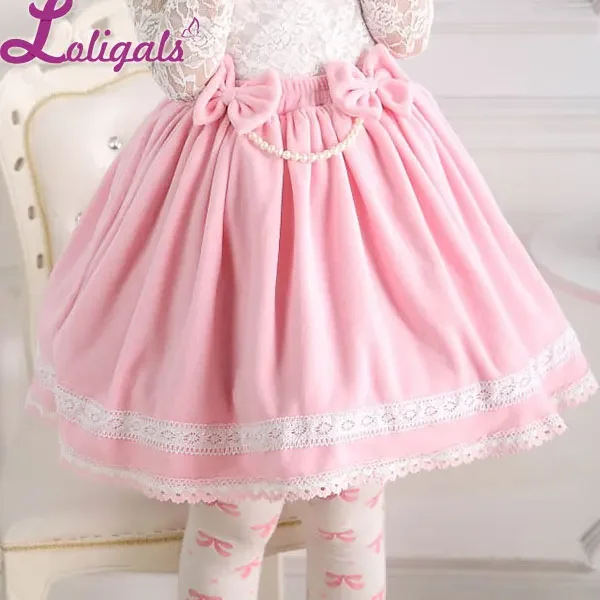 Sweet Pink Lolita Skirt Elastic Waist Pleated Lady\'s Polar Fleece Flush Short Skirt with Bow and Pearl Chain for Winter