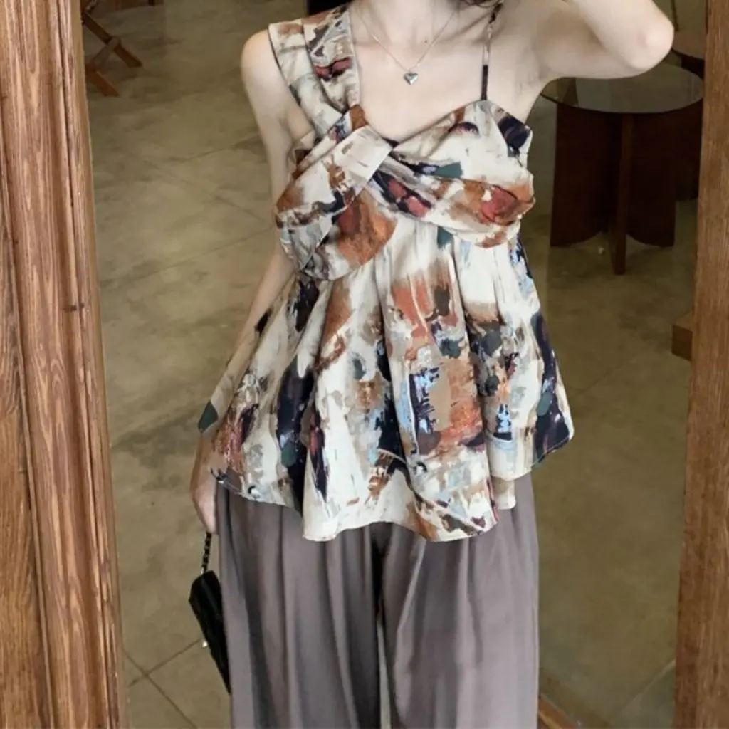 

Korean Style Fashionable Retro Ink Painting Two-Piece Set Asymmetrical Camisole And Brown Wide-Leg Casual Pants for Women