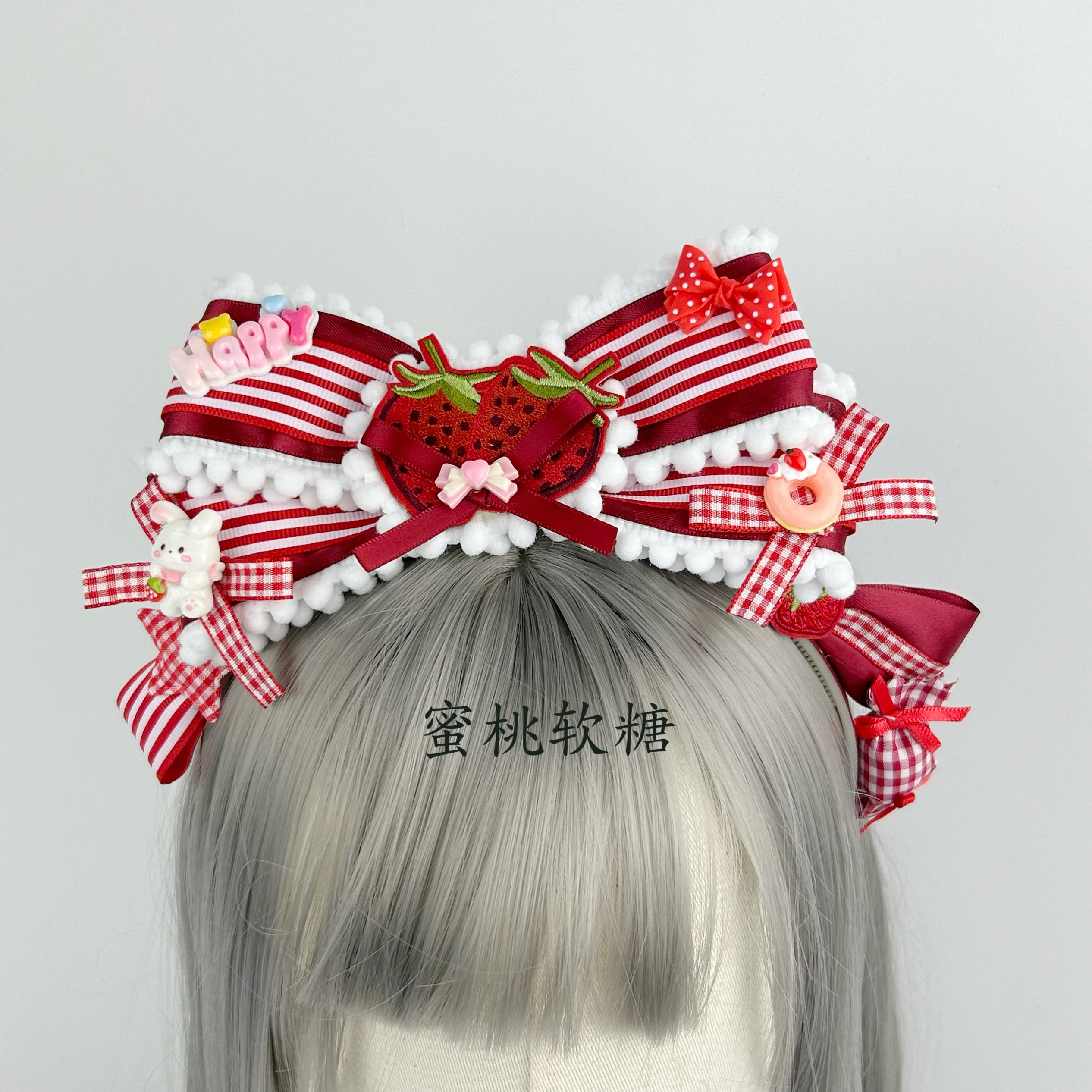

Повязка на голову с клубничным бантом в стиле Лолиты, полосатая клубничная повязка на голову Kc, милые аксессуары для волос для женщин