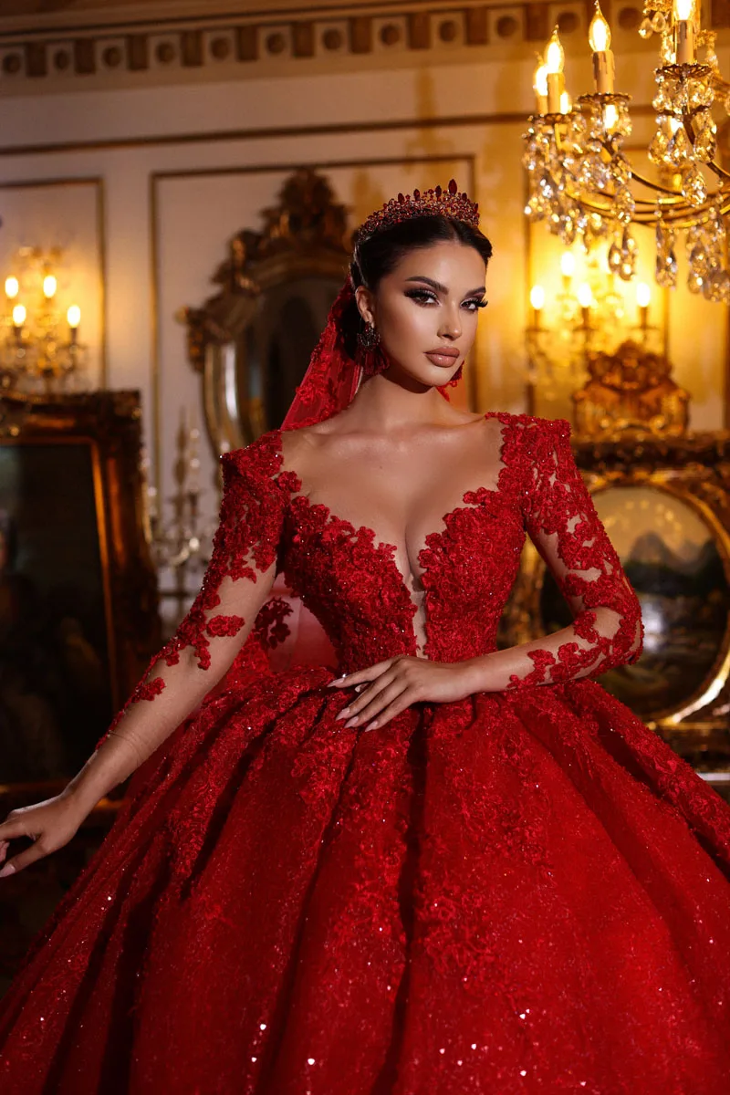 Dubai Gorgeous Lace Red Wedding Dresses Sparkly Sequins Women Marriage Arabic Bridal Gowns 2025 Long Sleeves Vestido De Novia