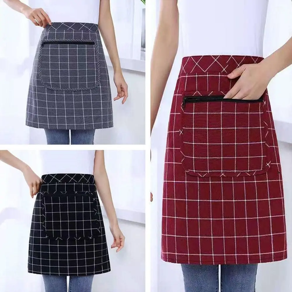 Cotton Kitchen Apron Thin Breathable Work Apron Antifouling Zipper Pocket Oil-proof Half-length Waist Pinafore Home Kitchen