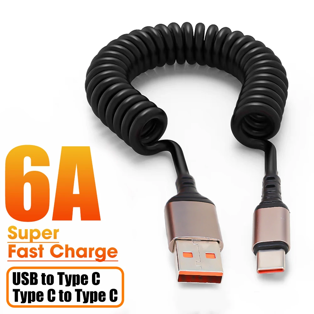 Liquid Silicone Fast Charging Data Cable Universal 6A 100W USB Type C Spring Telescopic Quick Charger Wire Data Cord Line