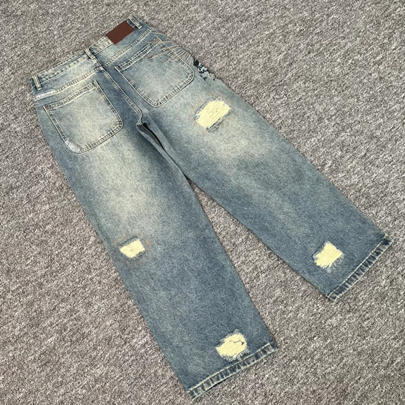 صور حقيقية Derschutze Street Retro Do Old Ripped Jeans التطريز الإلهي تمثال فضفاض عادية مستقيم الساق السراويل الرجال النساء