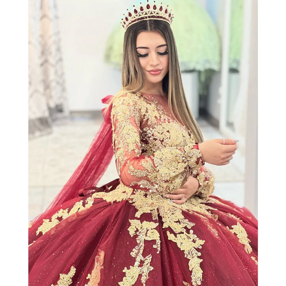 Robes de Quinceanera à manches longues en tulle bordeaux, robe de Rh, robe de princesse, Rotterdam Kly, 15 Anos Sweet 16, 2023