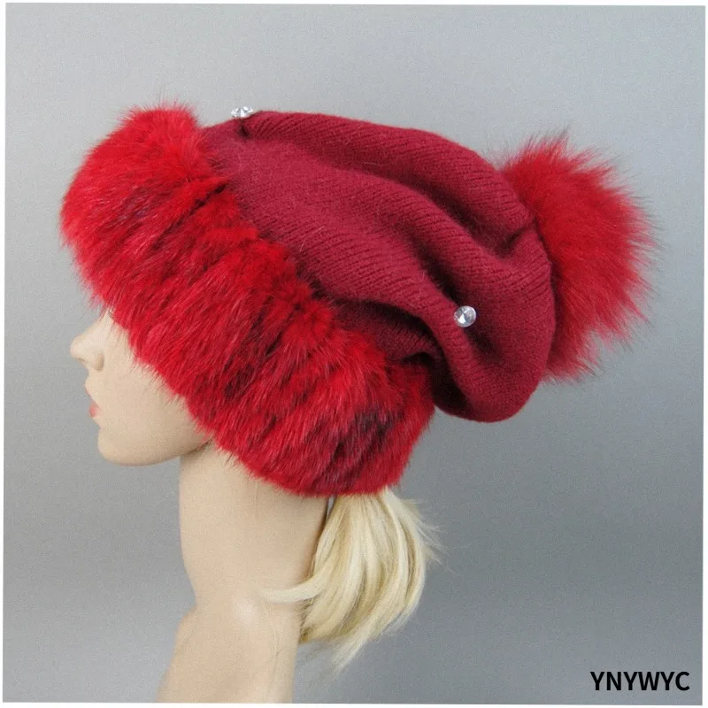2025 Hot Sale Winter Warm Natural Fur Hat Women Fashion Real Mink Fur Knitted Hats Female Knit Good Elastic Mink Fur Beanies Cap
