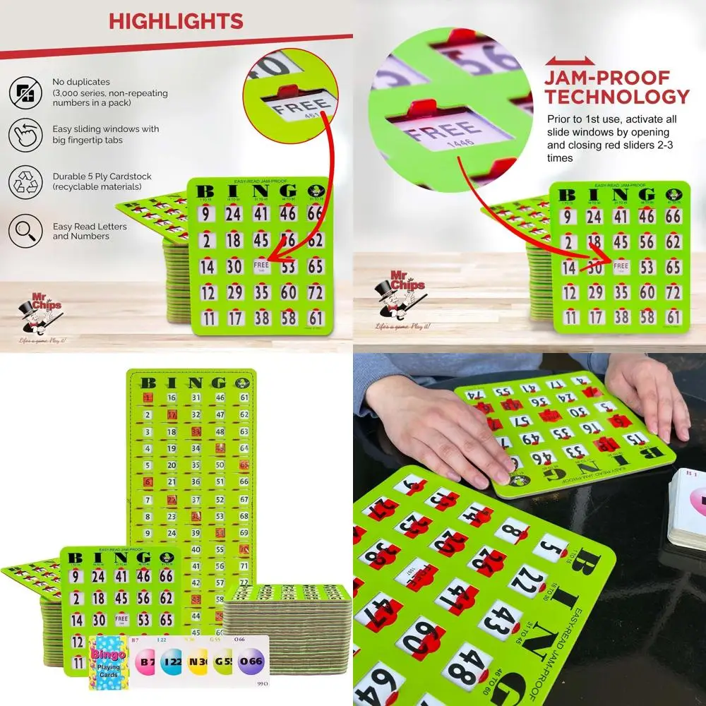 

Green Edition Bingo Set: 50 Large Print Cards with Jam-Free Shutters, Master Board & Calling Cards - No Chips Required