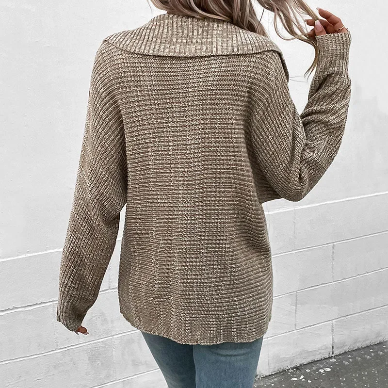 Fashion Women's Autumn Winter New Classic Khaki Solid Color Casual Long Sleeve Lapel Sweater Sweater Women Top