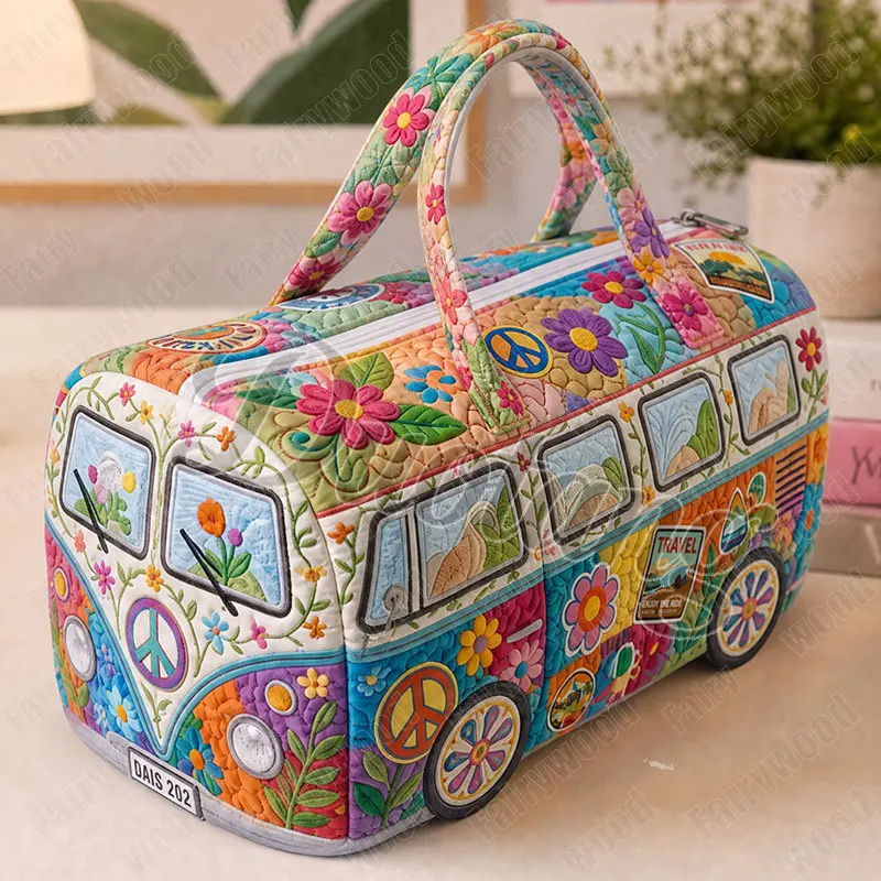 Vintage Car with Flowers Print Handbag for Travel 2D Flat Quilted Camper Van Women Large Duffle Bag Tote Shoe Holder Luggage Bag