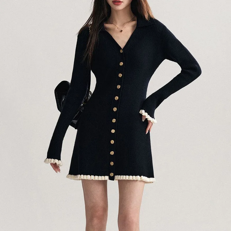 BWQ Autumn Winter French Fashion Old Money Long Sleeve Knit Dress Women 2000s V-Neck Frock Mini One-Piece Vintage Elegant