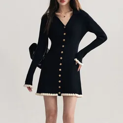 BWQ Autumn Winter French Fashion Old Money Long Sleeve Knit Dress Women 2000s V-Neck Frock Mini One-Piece Vintage Elegant