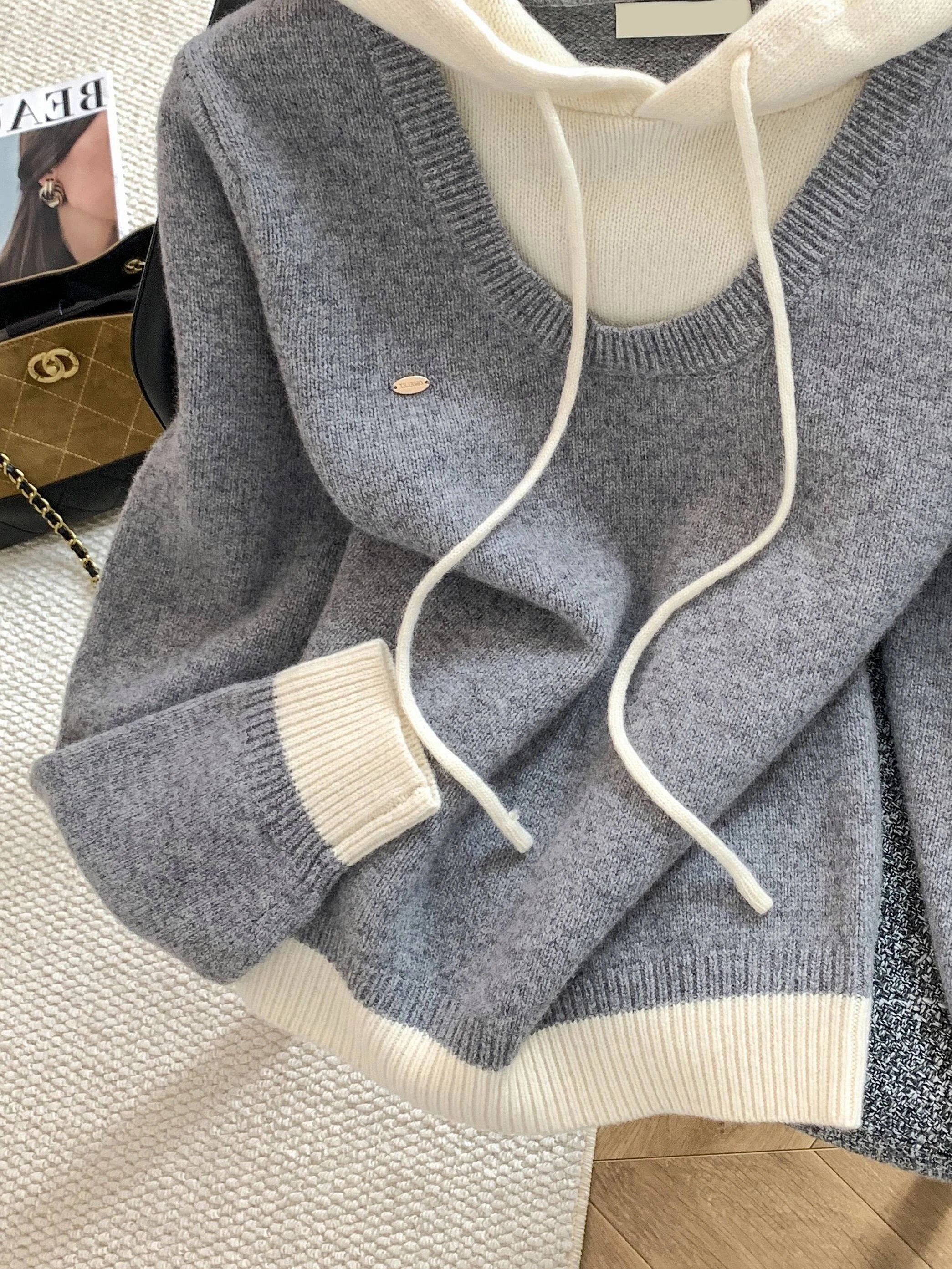 

Retro Korean ey Knitted Hat Women's Spring Autumn Loose Fit Overhead Top Ensemble Casual Long Sve Color Crew Ne