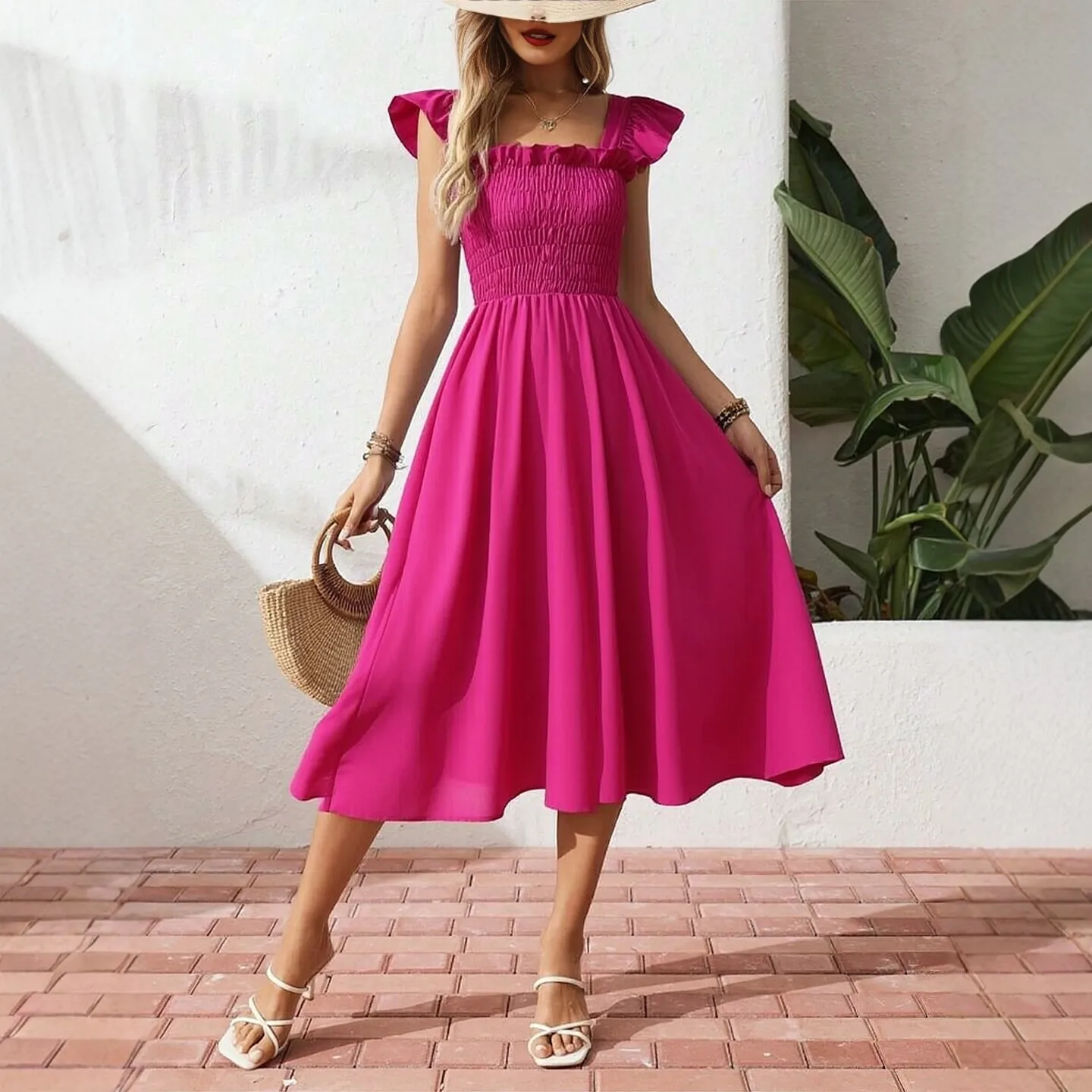 YuooMuoo Frauen Elegante Flare Hülse Urlaub Sommer Kleid 2026 Neue Mode Y2K Elastische Taille Midi Kleid High Street Kleidung