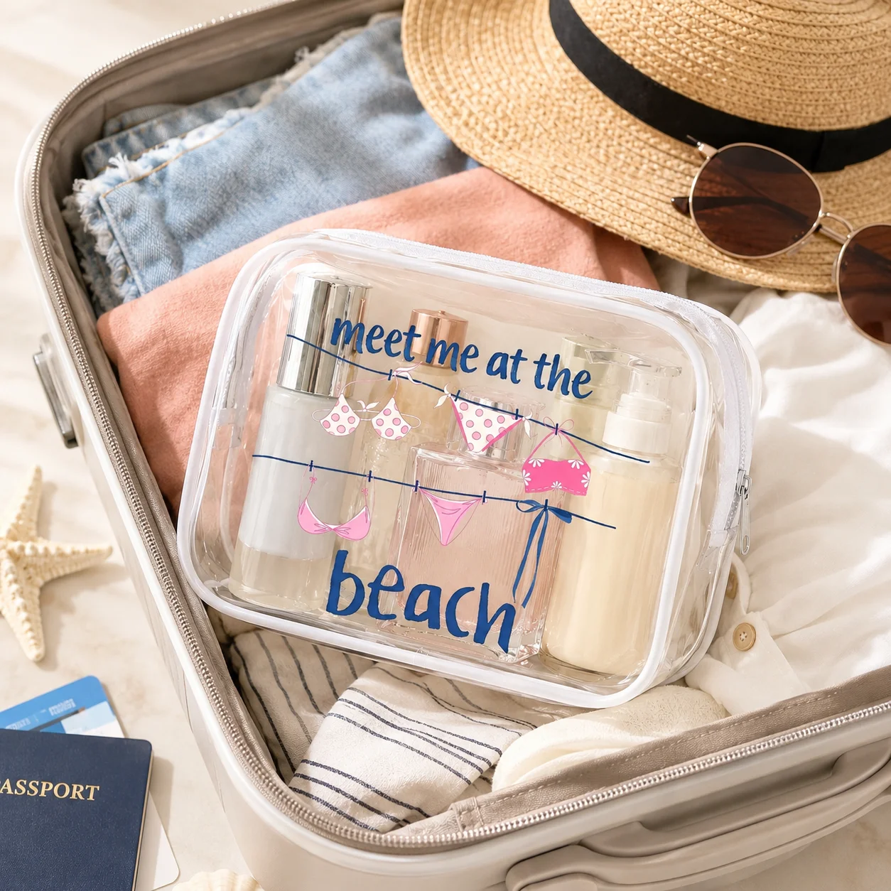 Clear Cosmetic Bag Transparent PVC Toiletry Organizer Beach Print Travel Makeup Pouch Clear Storage Bag Medicine Bag Beauty Case