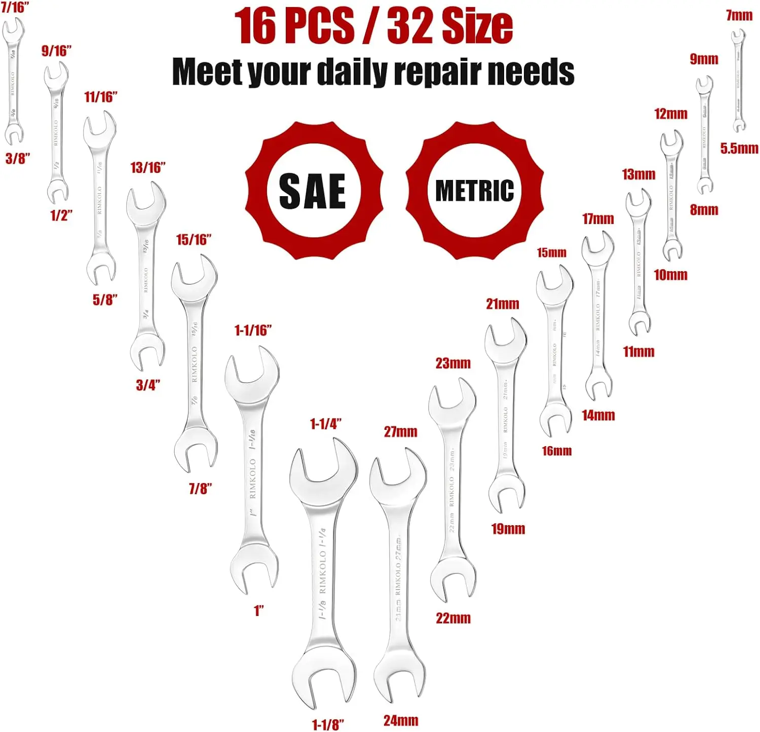 Super-Thin Open End Wrench Set, 16-Piece SAE & Metric 3/8